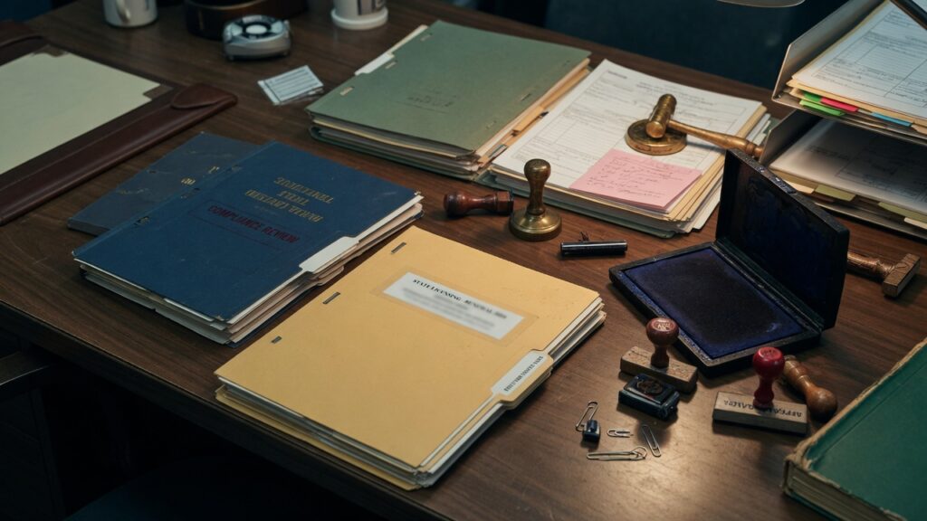 Licensing folders on a broker desk