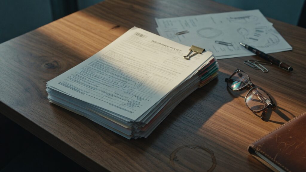 Insurance policy stack with reading glasses