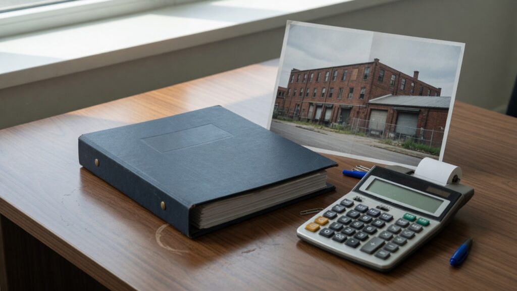 An unlabeled appraisal binder and warehouse photo on a walnut claims desk