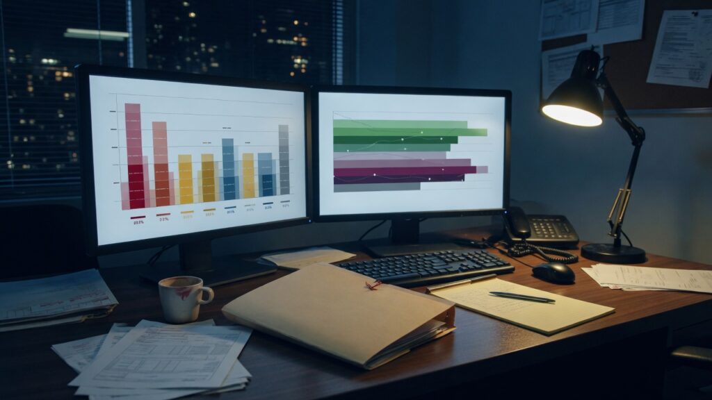 Night underwriting desk with unlabeled dual monitors