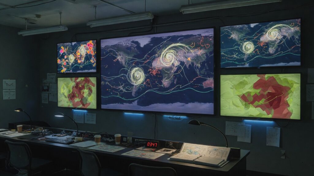 Dark operations room with unlabeled storm-map screens