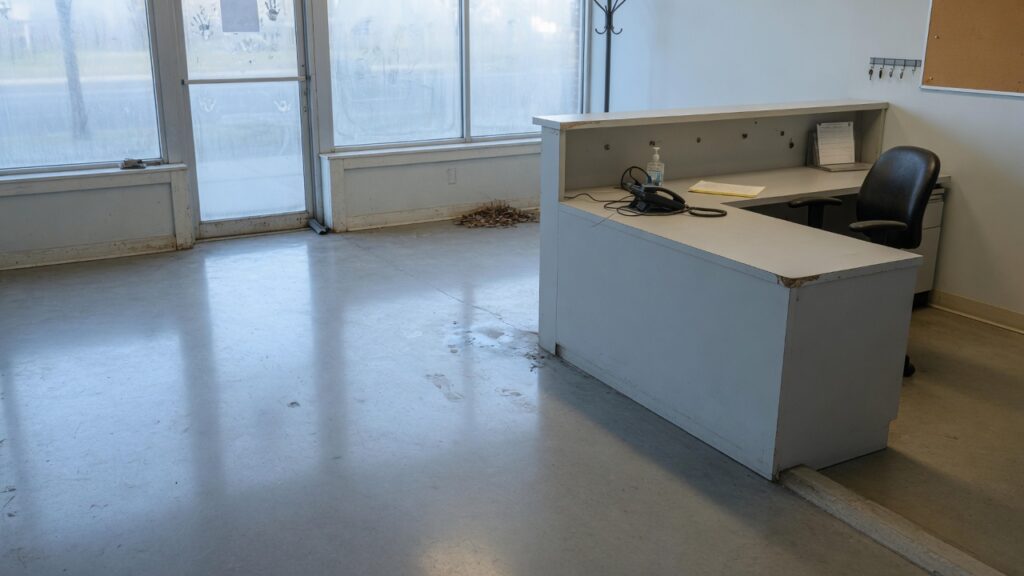 An empty commercial storefront interior with a reception counter