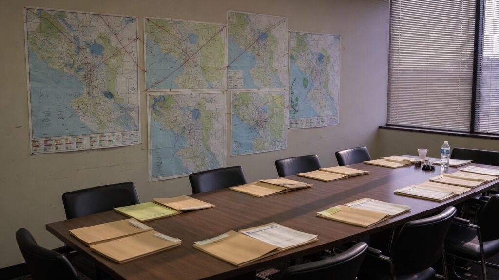 An empty conference table with unmarked folders and muted weather maps