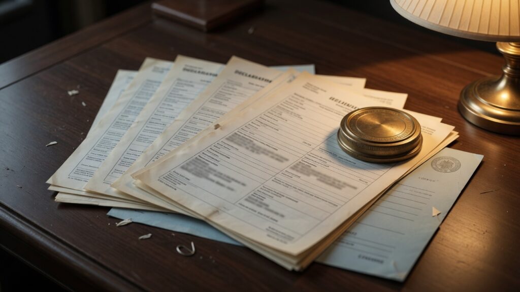 An open insurance policy packet with unreadable pages on a dark desk
