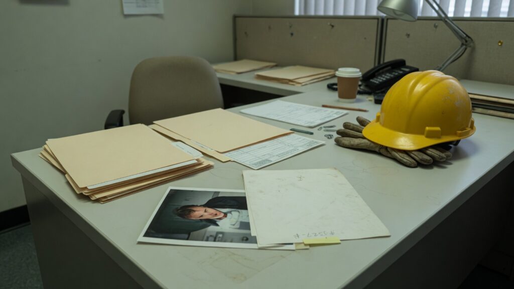 Insurance claims desk with unmarked files and a hard hat