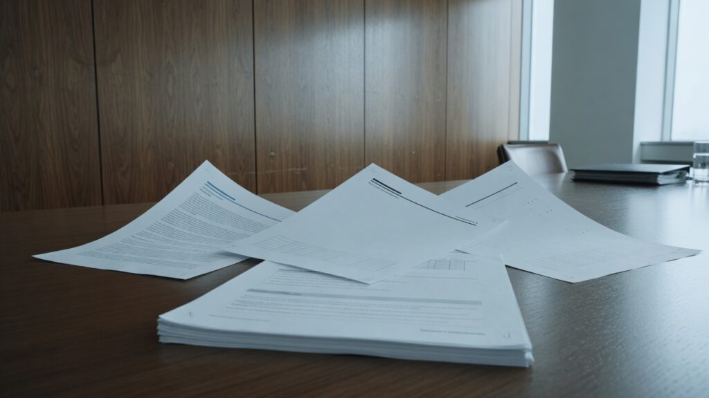 Conference table with four unlabeled white papers