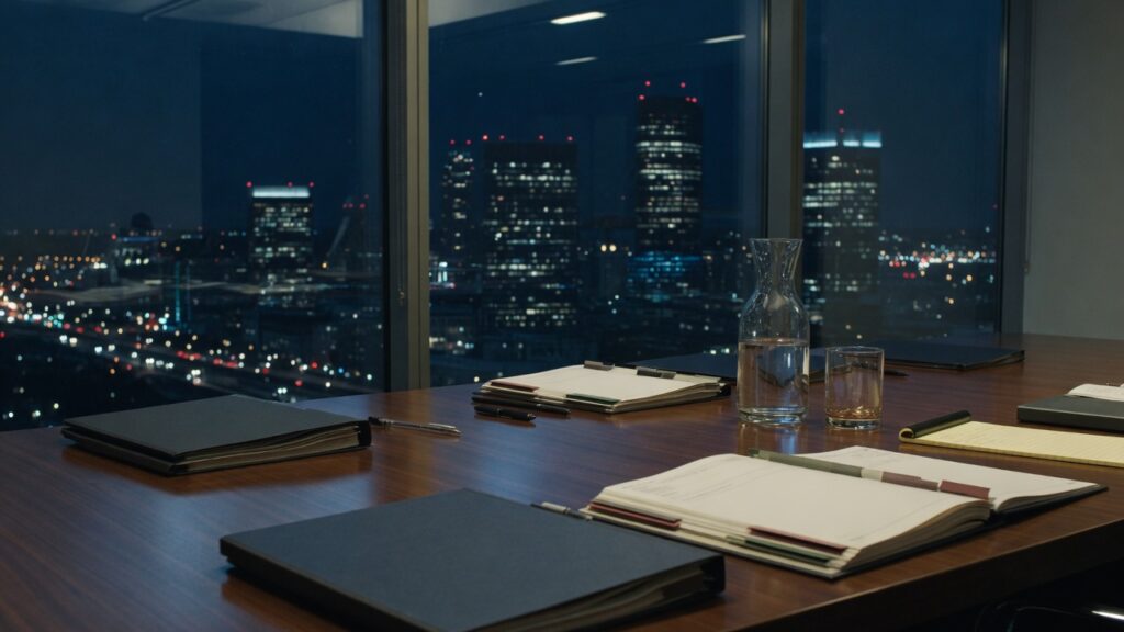 High-rise negotiation table with unmarked contract folders at night