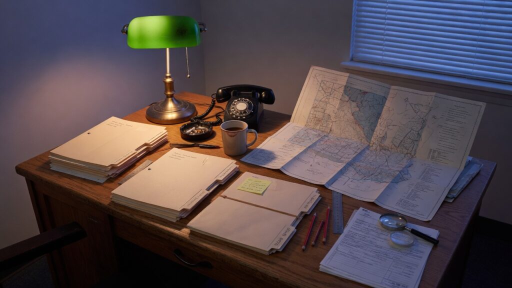 Unlabeled insurance desk with folders and a desk lamp at dusk