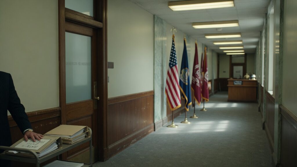 Government-style corridor with blurred flags