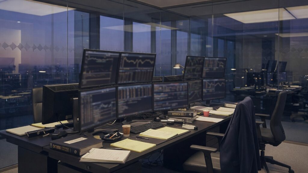 Reinsurance desk with muted monitors