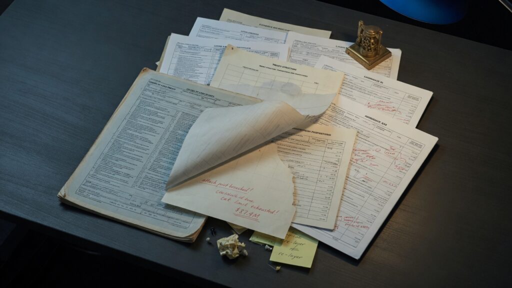 Layered paper risk layers on a dark desk