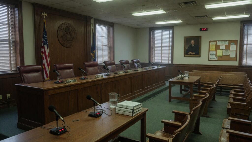 Empty hearing room with wood desks