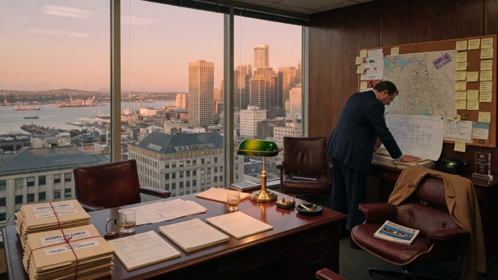 Specialty insurance broker office with city view