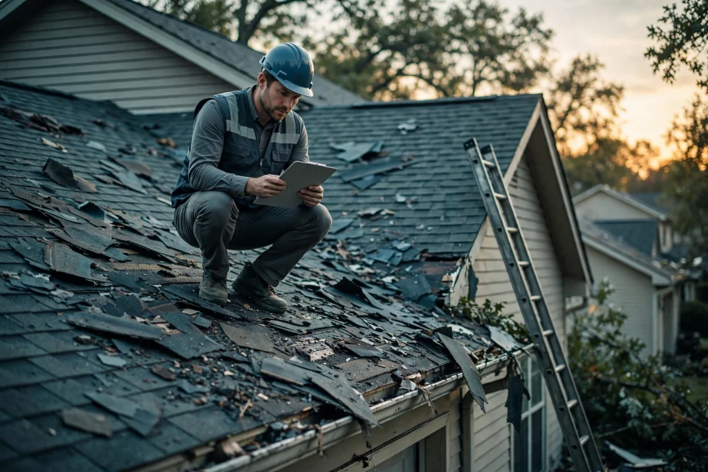 Insurance adjuster inspecting storm damage on a home roof
