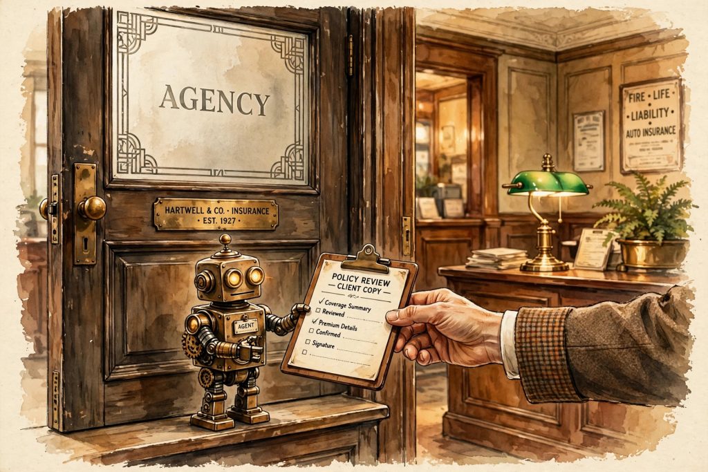 Editorial illustration: a robot with a clipboard at an insurance agency office door while a human hand reaches out to receive it