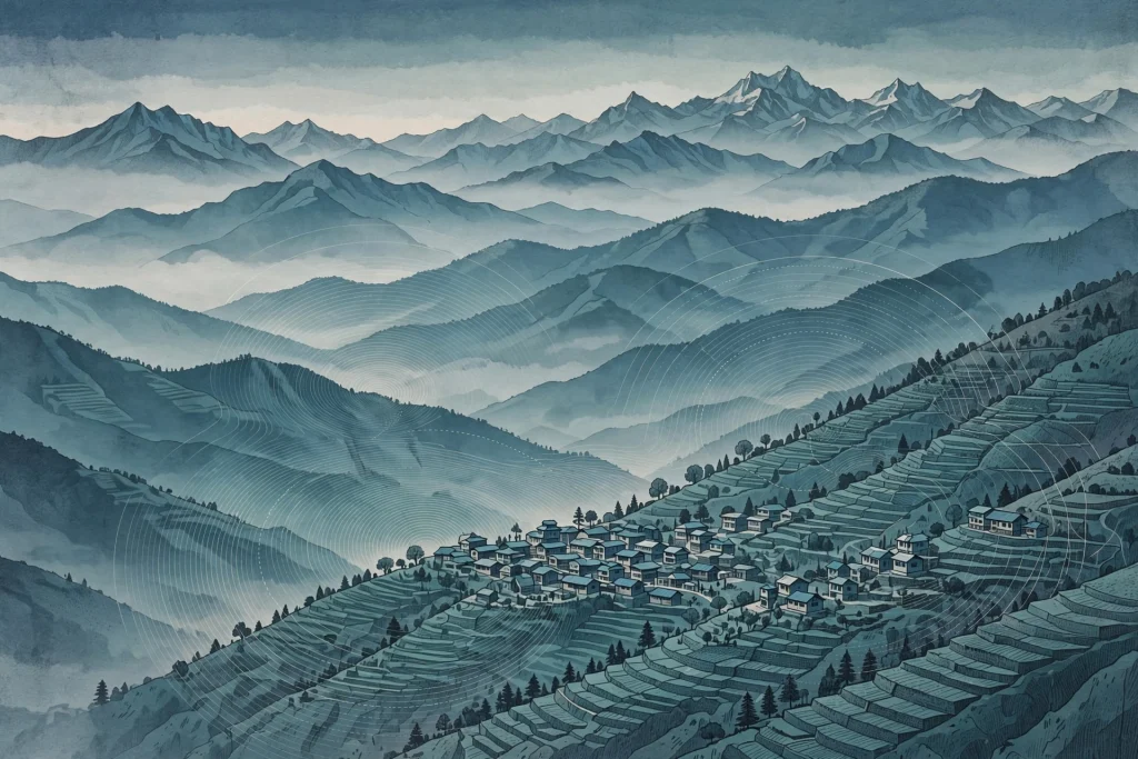 Himalayan mountain town at dawn with abstract seismic rings over the ridges