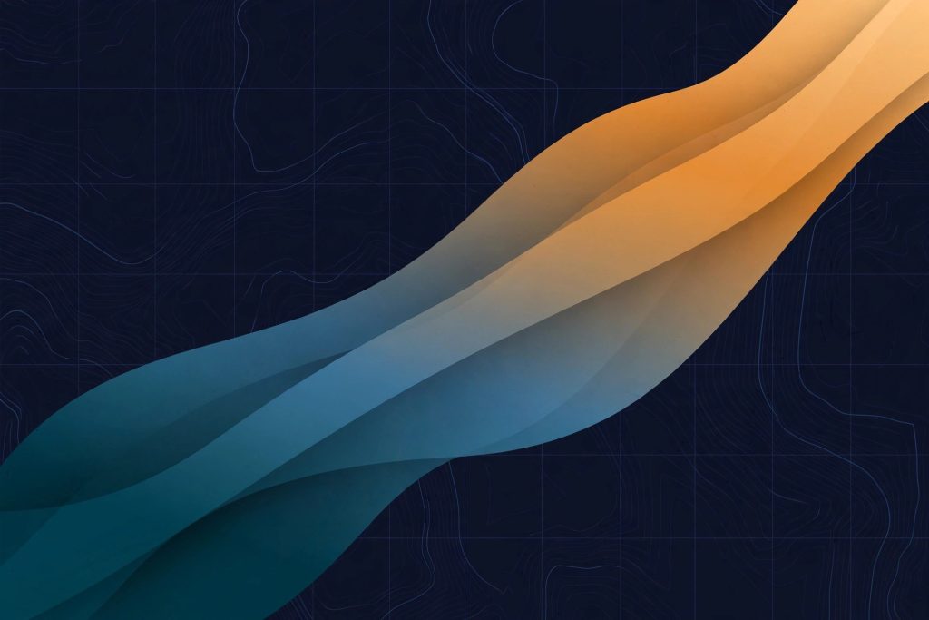 Abstract warming-scenario bands rising over a topographic grid in teal and amber