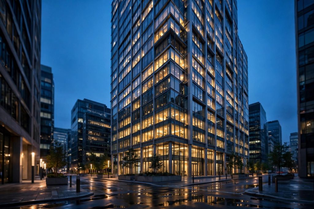 Modern glass corporate office tower at dusk with glowing windows, symbolizing enterprise catastrophe-modeling investment