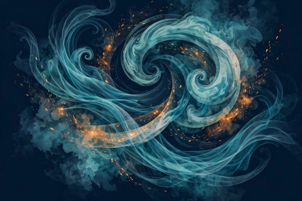 Abstract storm, water and ember patterns in teal and amber over a dark navy field