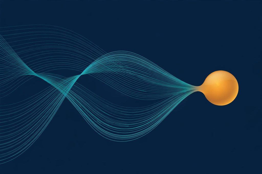 Abstract bridge from data curves to decision dials in navy, teal and amber