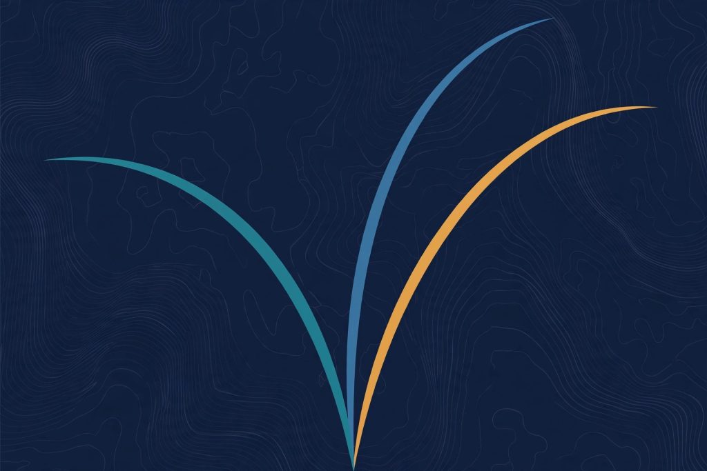 Three abstract model-output lines diverging across a map-like grid in navy, teal and amber