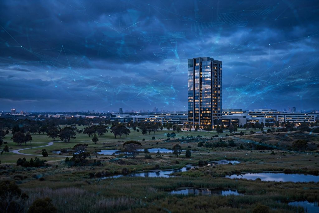 Modern corporate office tower at dusk with a digital network overlay, symbolizing cyber and digital-asset risk