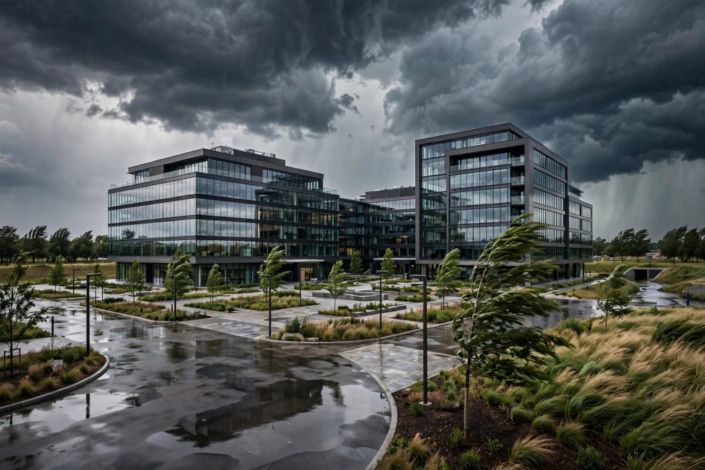 Modern commercial office buildings under storm clouds, representing enterprise risk exposure