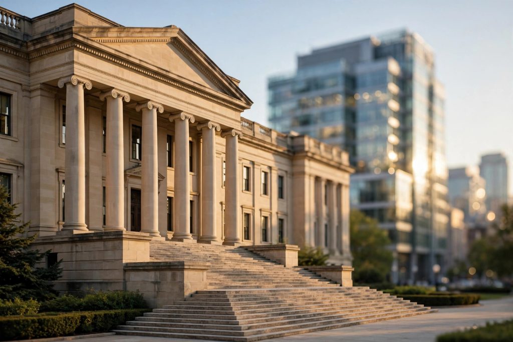 Stately columned government building in warm light, representing state insurance department form approval