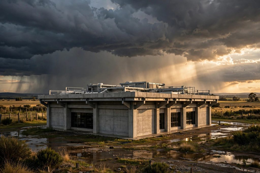 Sturdy concrete commercial building standing firm against dramatic storm clouds with light breaking through, symbolizing resilience in a hard insurance market