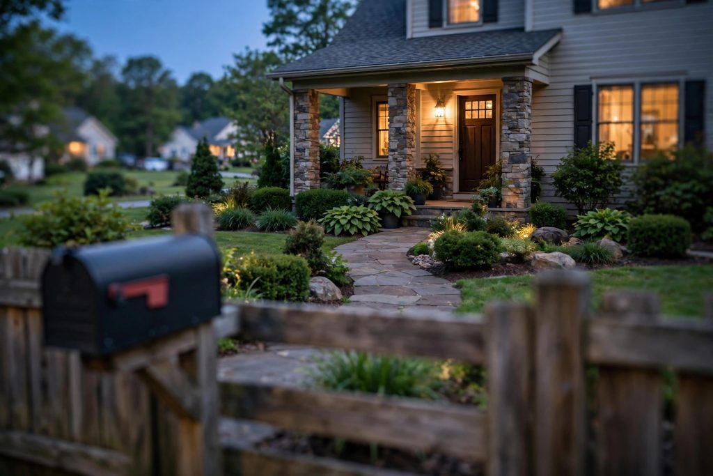 Suburban home at dusk with a warm glowing porch light, stone walkway, and mailbox in the foreground