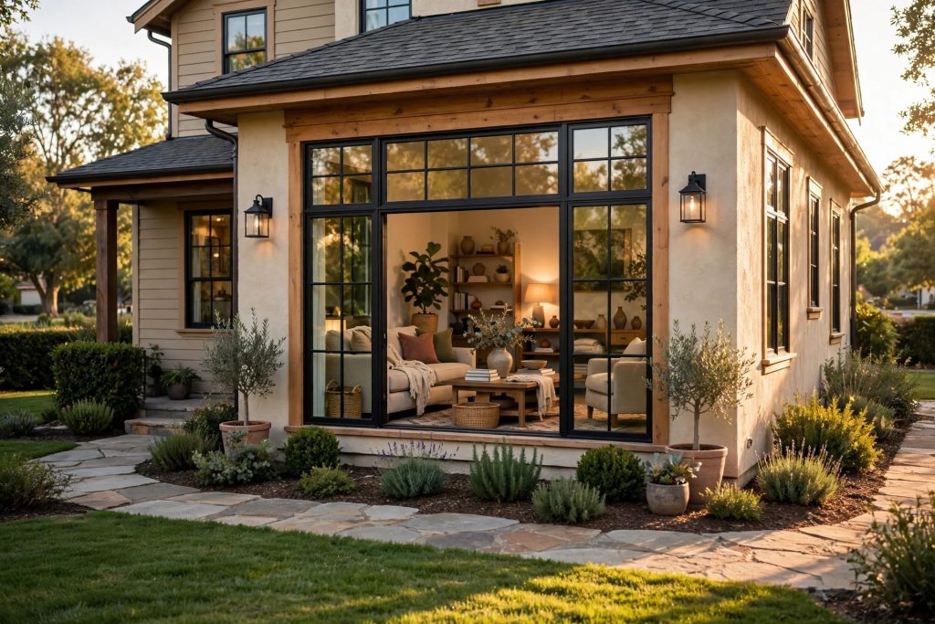 Well-kept suburban home in warm late-afternoon light with a furnished living room visible through large glass doors, symbolizing the dwelling-versus-contents coverage distinction