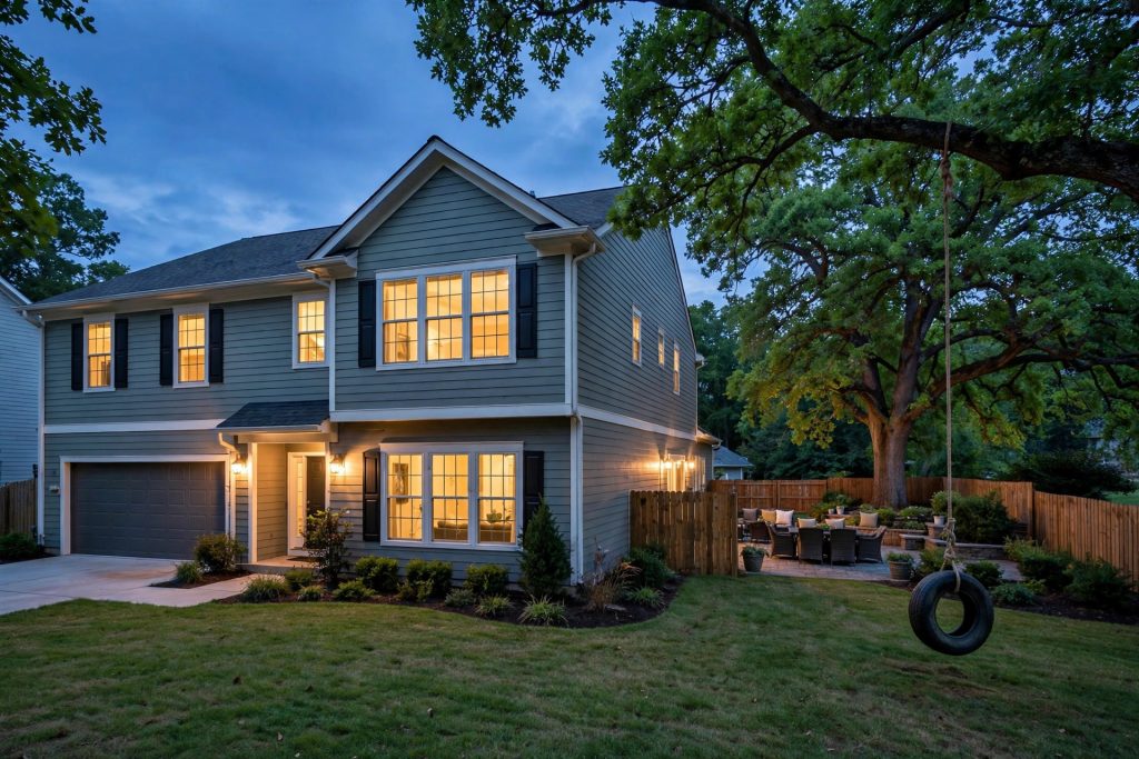 Two-story suburban home at dusk with glowing windows and a backyard tire swing.