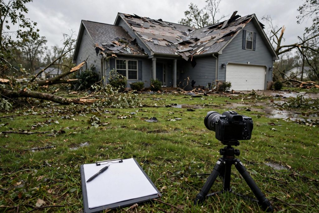 Storm-damaged home being documented for an insurance claim filing