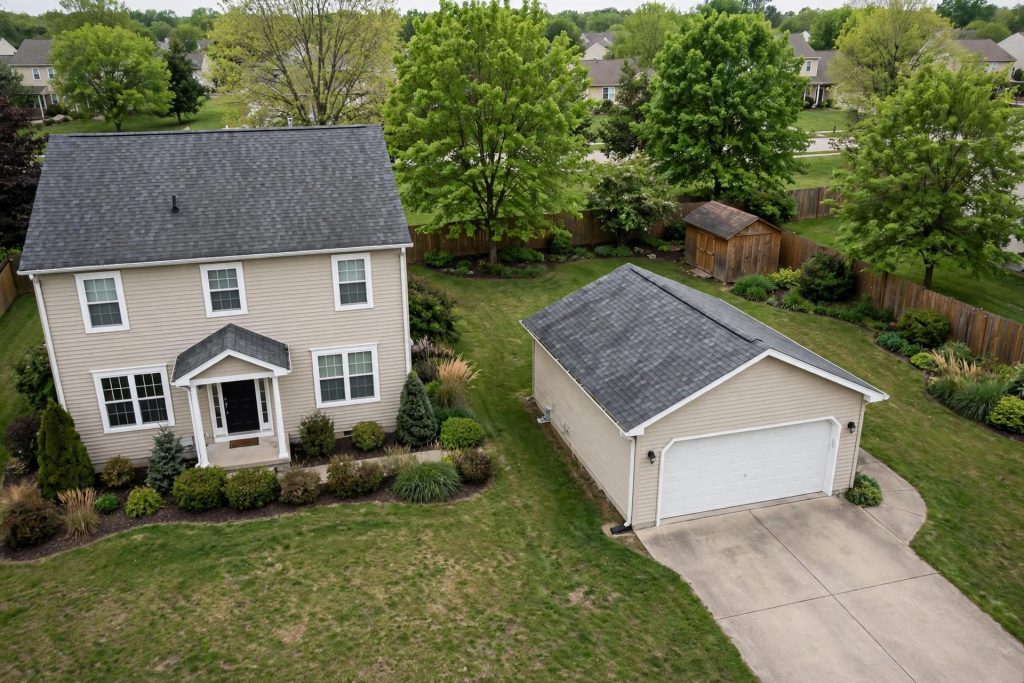 Illustration of a home with a detached garage and shed, representing property insurance Coverage A, B, C, and D