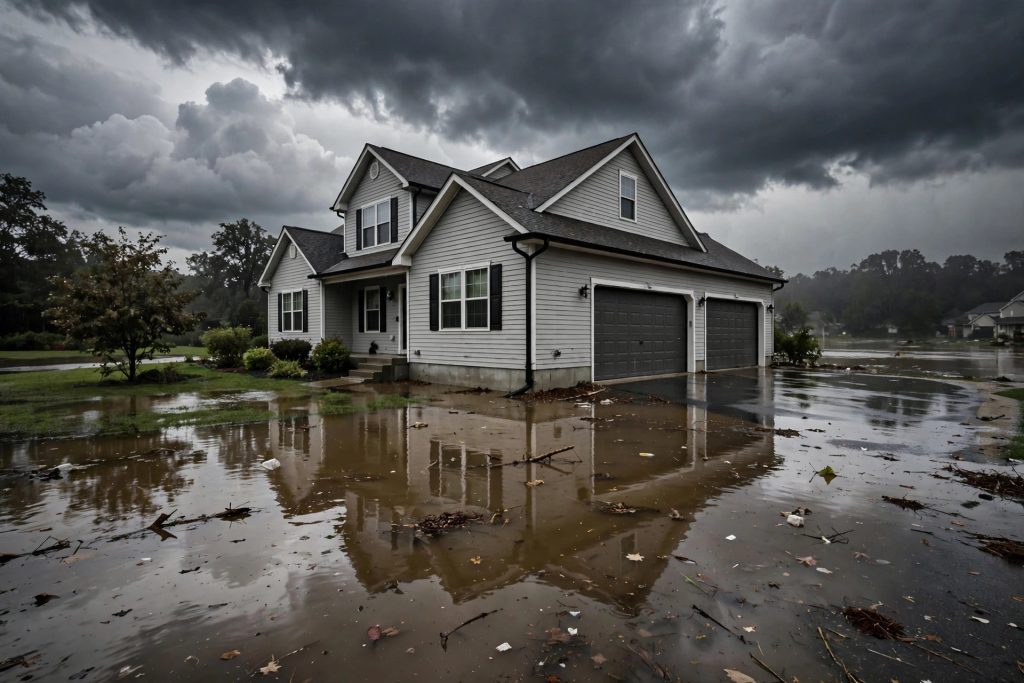 Suburban home surrounded by floodwater under dark storm clouds, illustrating a standard homeowners insurance exclusion.