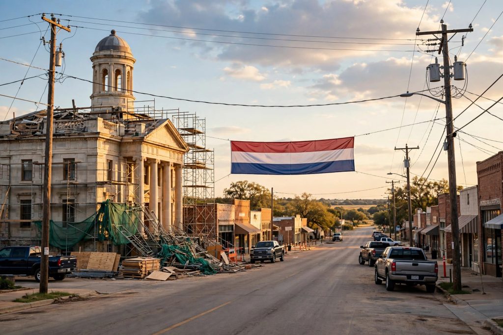 Small-town main street with a historic courthouse under renovation in warm late-afternoon daylight.