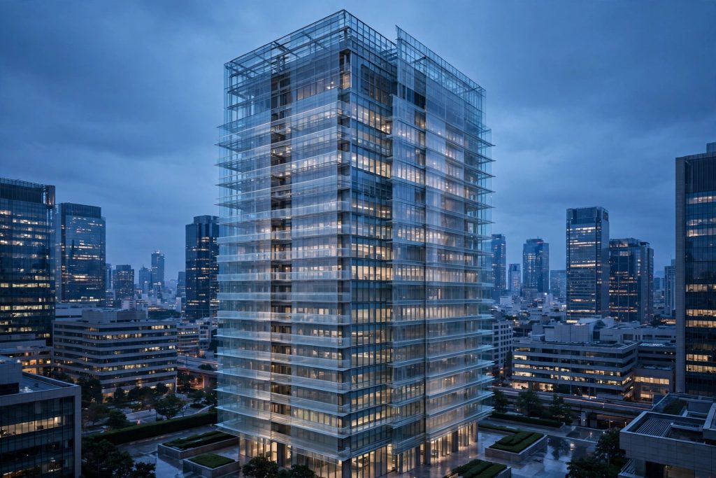 Abstract geometric network of connected nodes over a financial district skyline, symbolizing reinsurance treaty structures