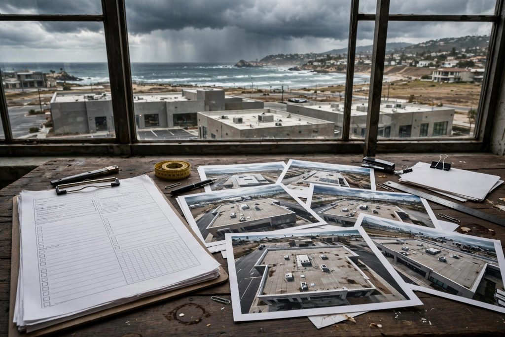 Analyst reviewing commercial property risk evaluation documents and aerial rooftop imagery for insurance underwriting risk scoring
