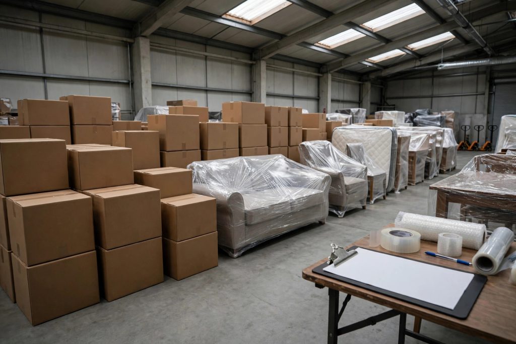 Neatly packed-out household contents in sealed boxes and shrink-wrapped furnishings staged in a restoration warehouse, with an inventory clipboard nearby.