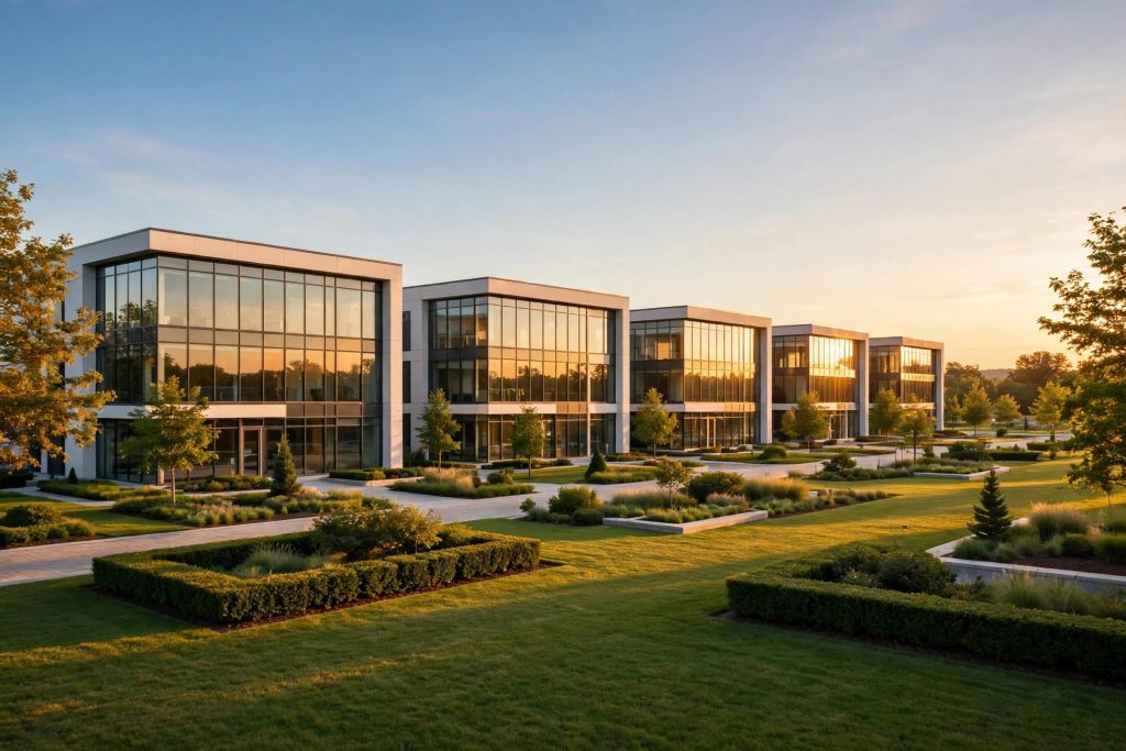 Modern low-rise commercial office buildings at golden hour, symbolizing abundant insurance market capacity