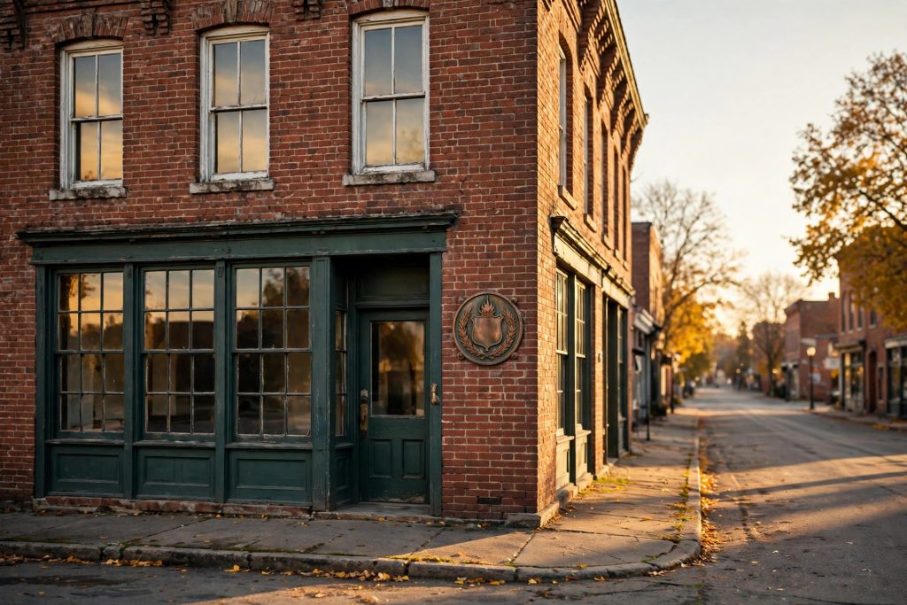 Historic brick commercial building with a bronze plaque, symbolizing the 1943 Standard Fire Policy