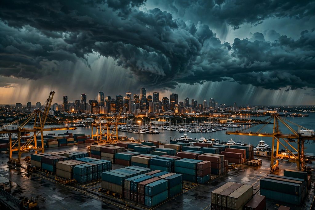 Massive storm front rolling over a coastal city with a cargo port and marina at dusk