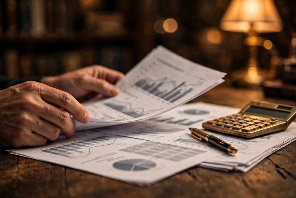 Hands reviewing reinsurance placement documents with financial charts and a calculator on a desk in warm lamplight