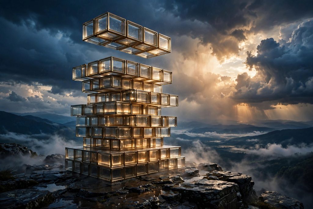 Translucent glass tower blocks being restored into a stack under breaking storm clouds, a metaphor for reinstated reinsurance limits