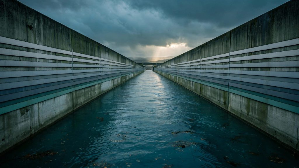 Water flowing calmly through a concrete channel between banded walls, a metaphor for the stop-loss loss-ratio corridor