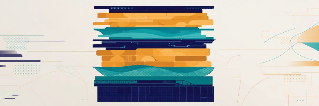 Abstract stacked layers forming a tower, illustrating excess-of-loss reinsurance layers