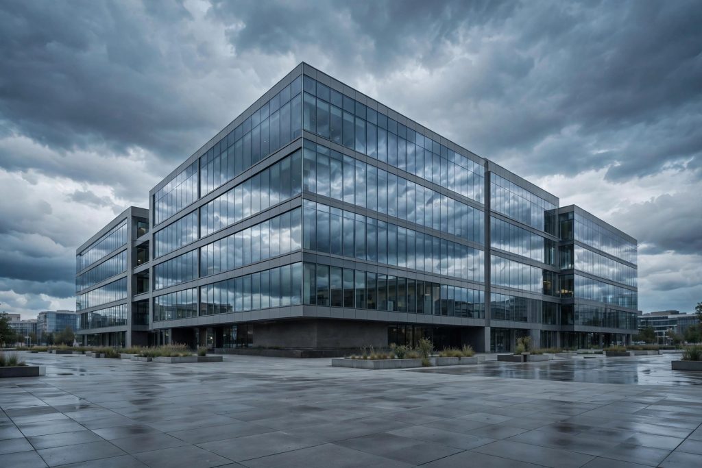 Modern glass commercial office building under dark storm clouds with an empty rain-slicked plaza.