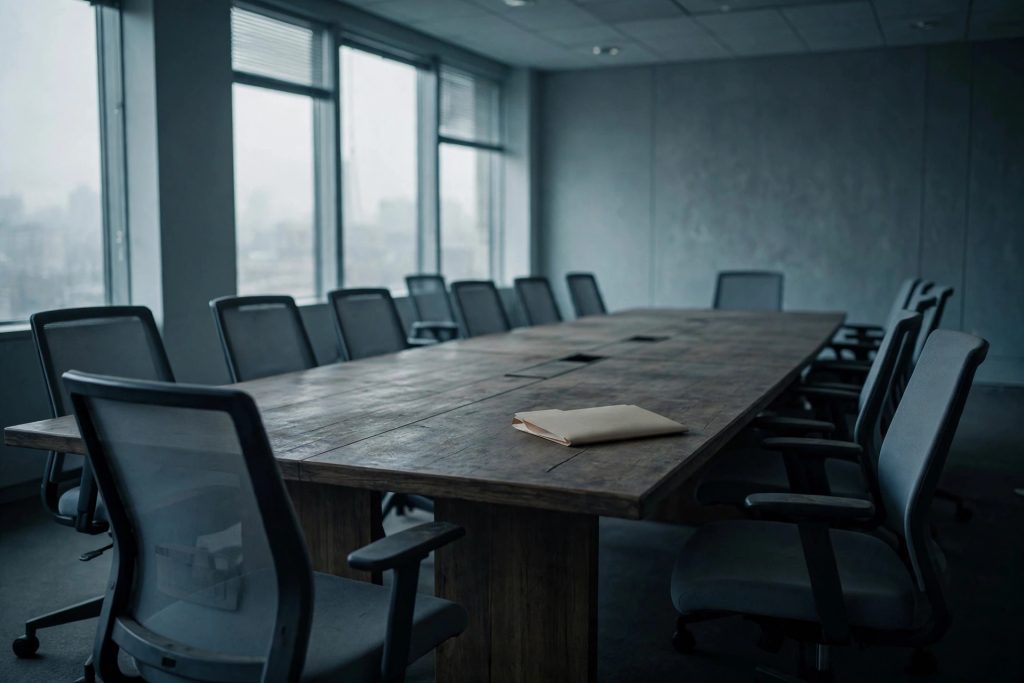 Empty boardroom with a folder left behind