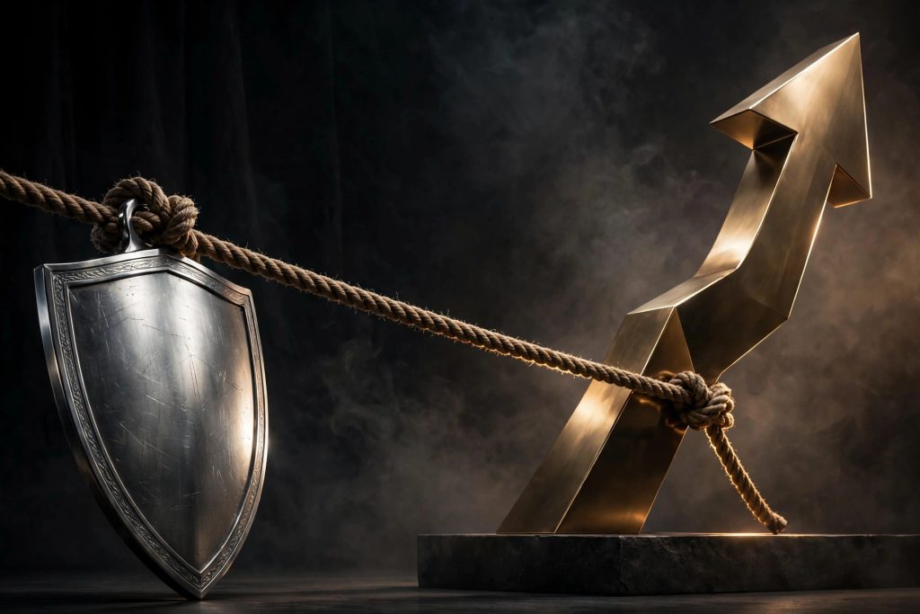 Tug of war between a shield and a rising arrow, illustrating underwriting discipline versus growth