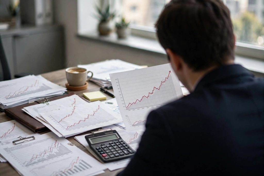 Desk scene with rising insurance rate charts